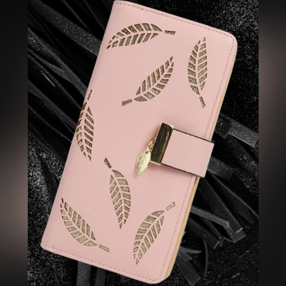 Women's Long Bifold Wallet with Zipper, Leaf Cutout Leather NEW